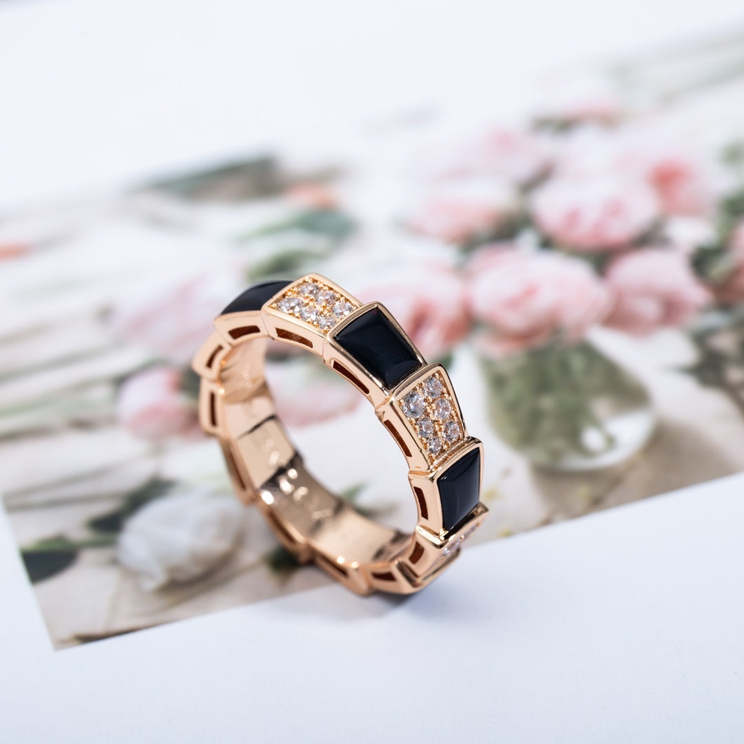 Bvlgari Serpenti Ring Pink Gold Black MOP Cubic Zirconia Paved 4MM