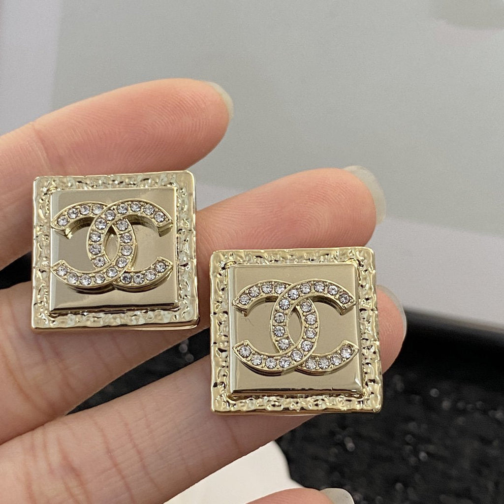 Chanel Diamond Pink Gold Square Stud Earrings
