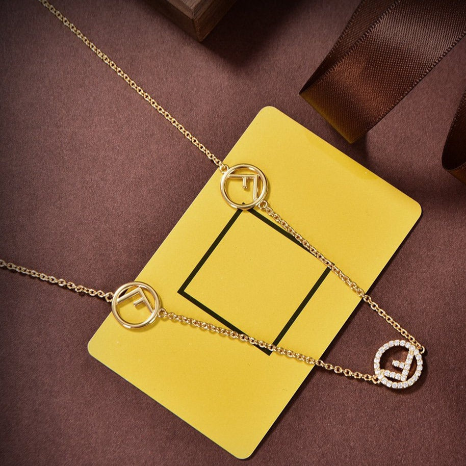 Fendi F Logo 3 Motif Gold Diamond Necklace