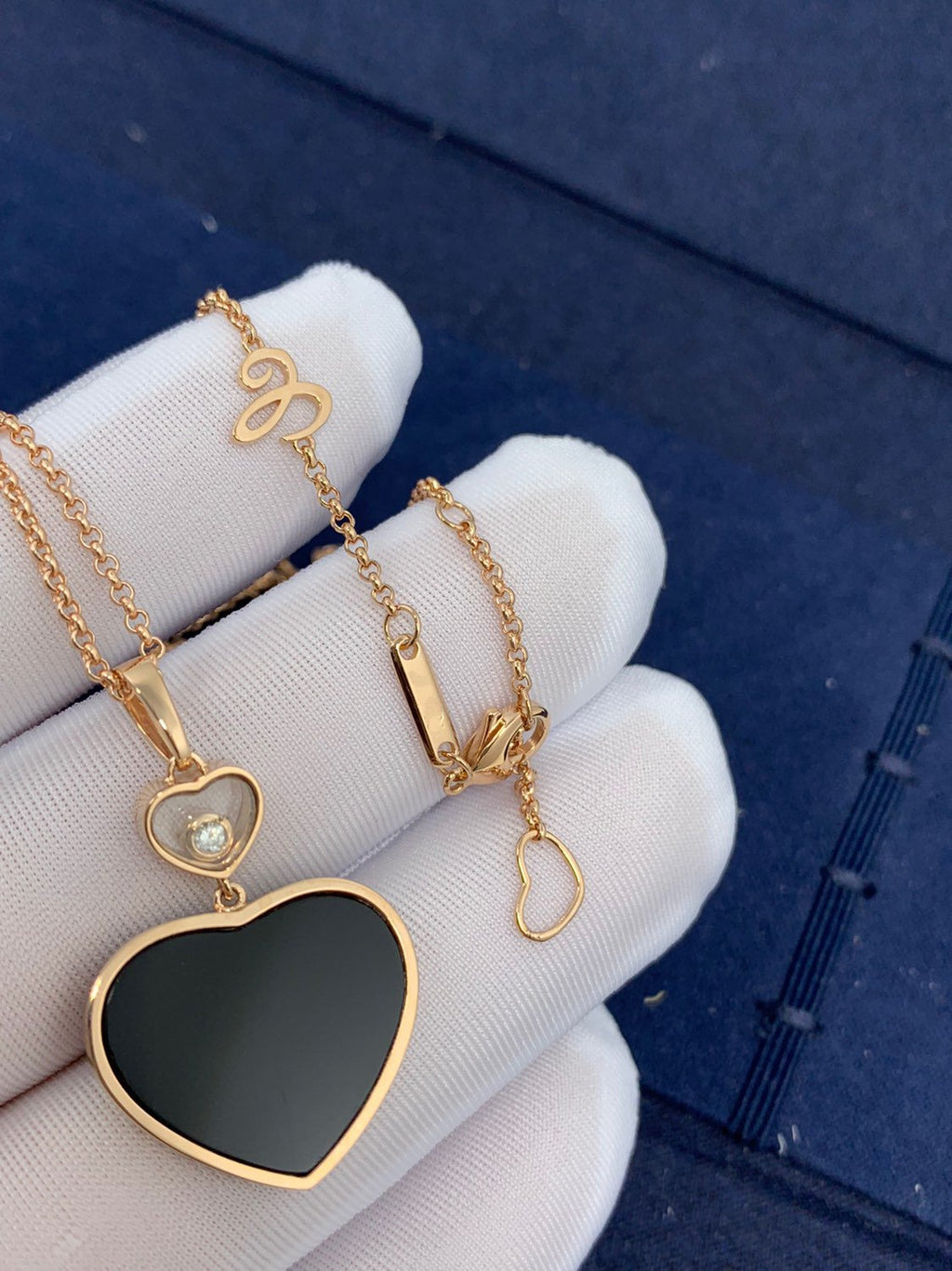 Chopard Happy Heart Onyx Necklace Pink Gold Cubic Zirconia