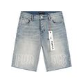 Purple Brand Light Blue Raw Hem Graphic Denim Shorts — hero