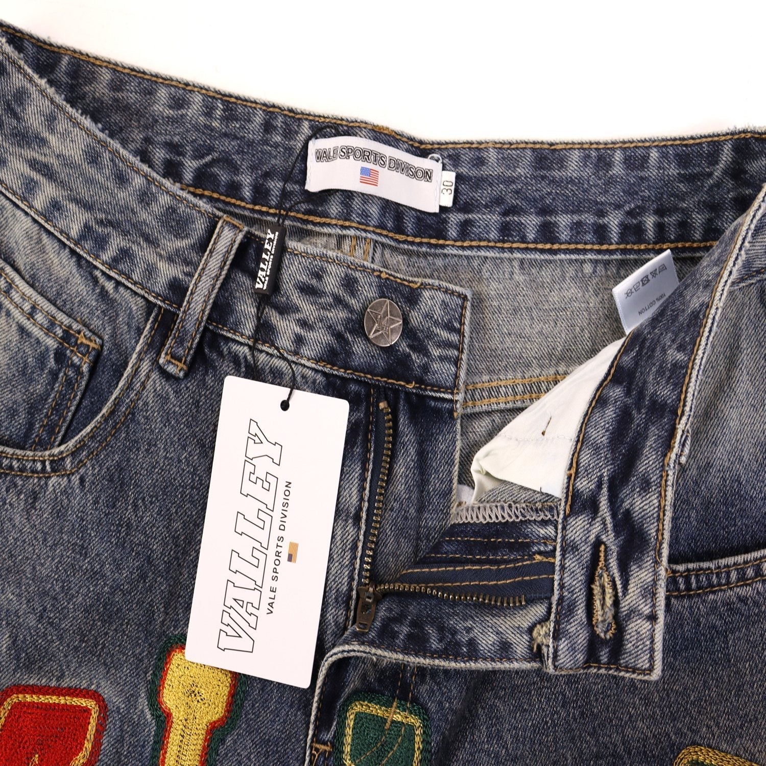 VALLEY Multicolor Embroidered Denim Shorts — hang_tag
