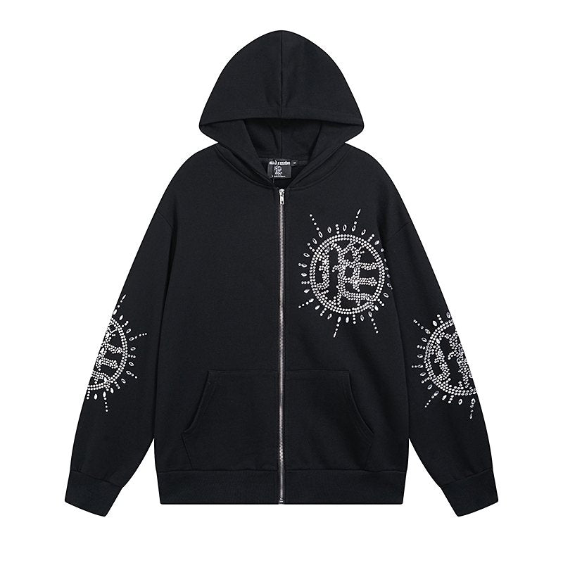 MIXED EMOTION Rhinestone Graphic Zip-Up Hoodie — front