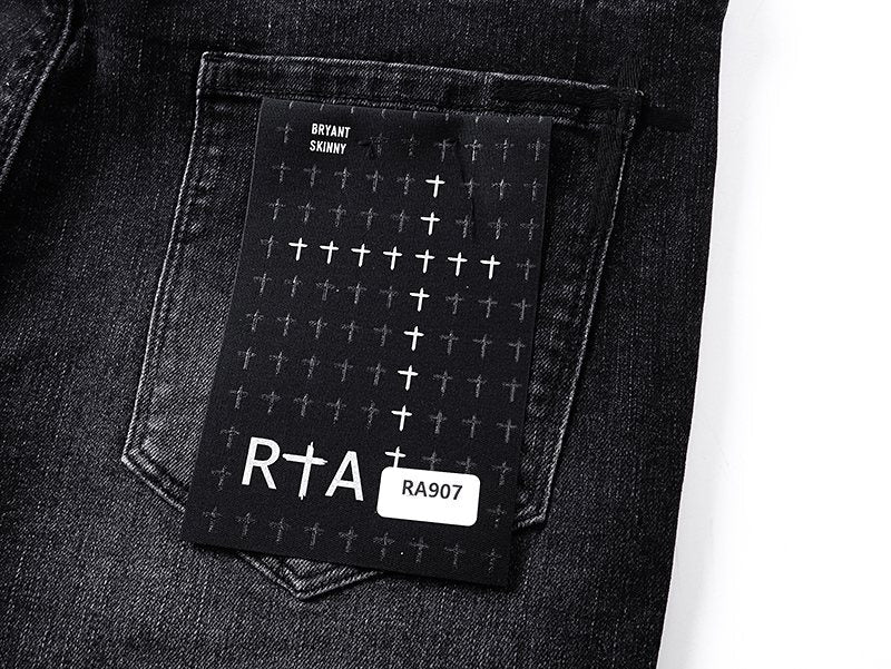 R+A Washed Black Distressed Logo Detail Jeans — detail