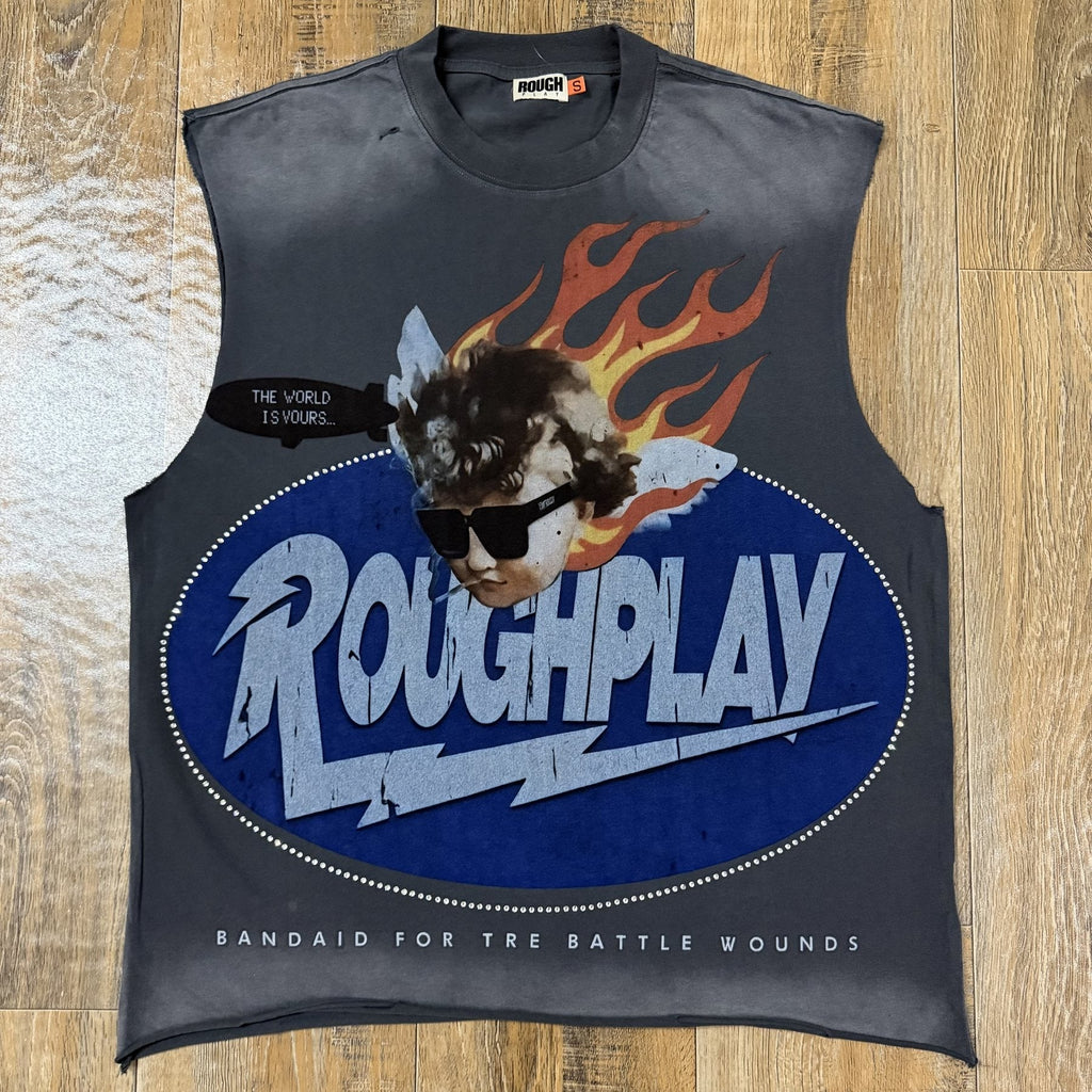 Rough Play Face & Flame Sleeveless T-Shirt — front