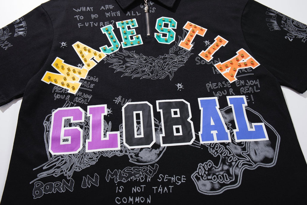 MAJESTIK Embellished Distressed Zip Polo Shirt — detail