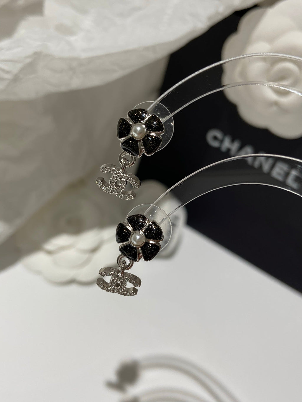Chanel Flower Pendant Silver Black Diamond Earrings