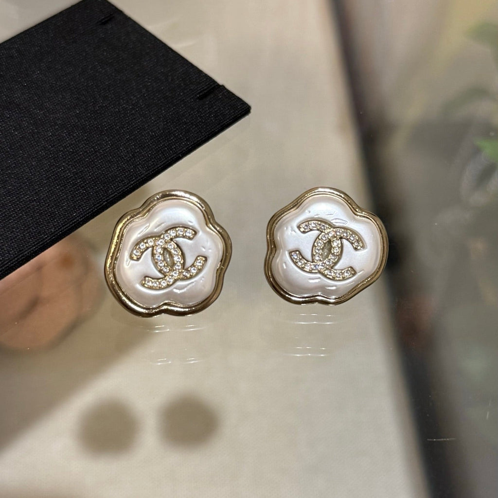 Chanel Cloud Resin Light Gold Full Diamond Double C Stud Earrings