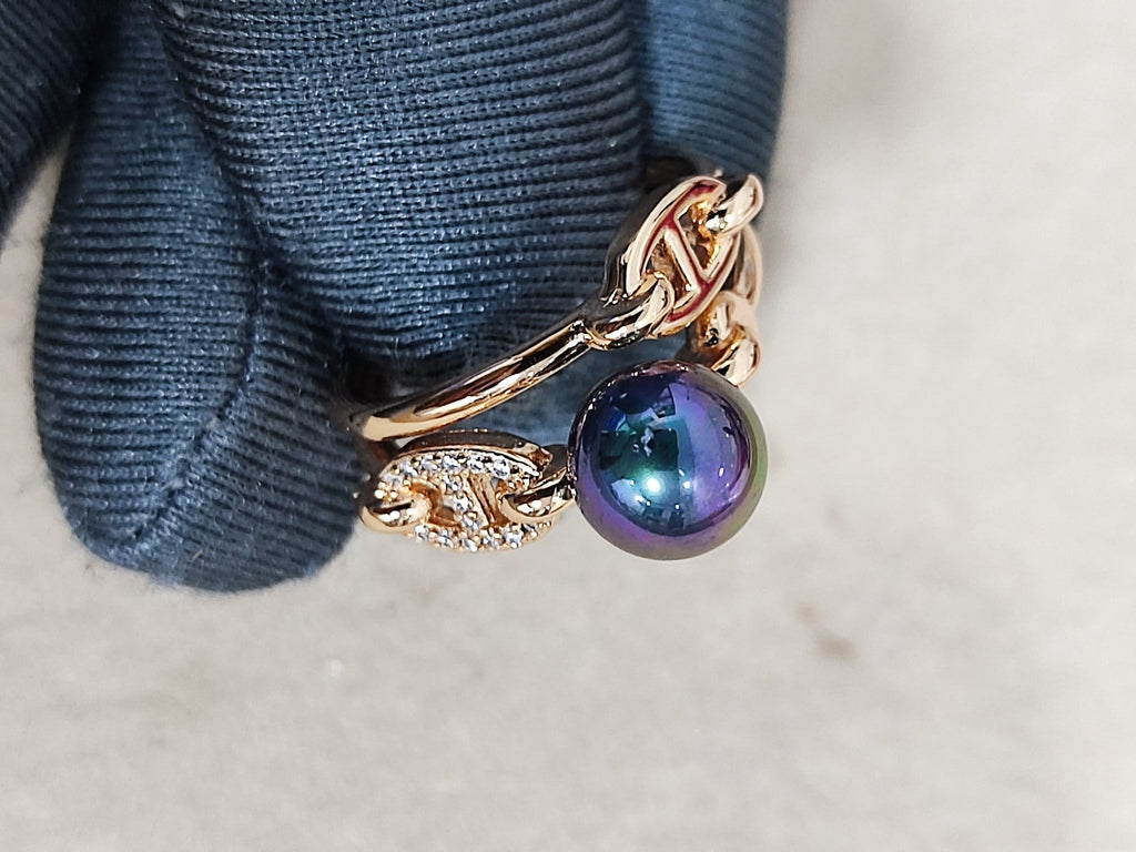 Hermes HM Pig Nose Black Pearl Rose Gold Ring